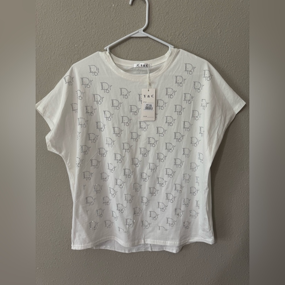 Y & C Dior White Short Sleeve Logo Tee with Rhinestone Accents
